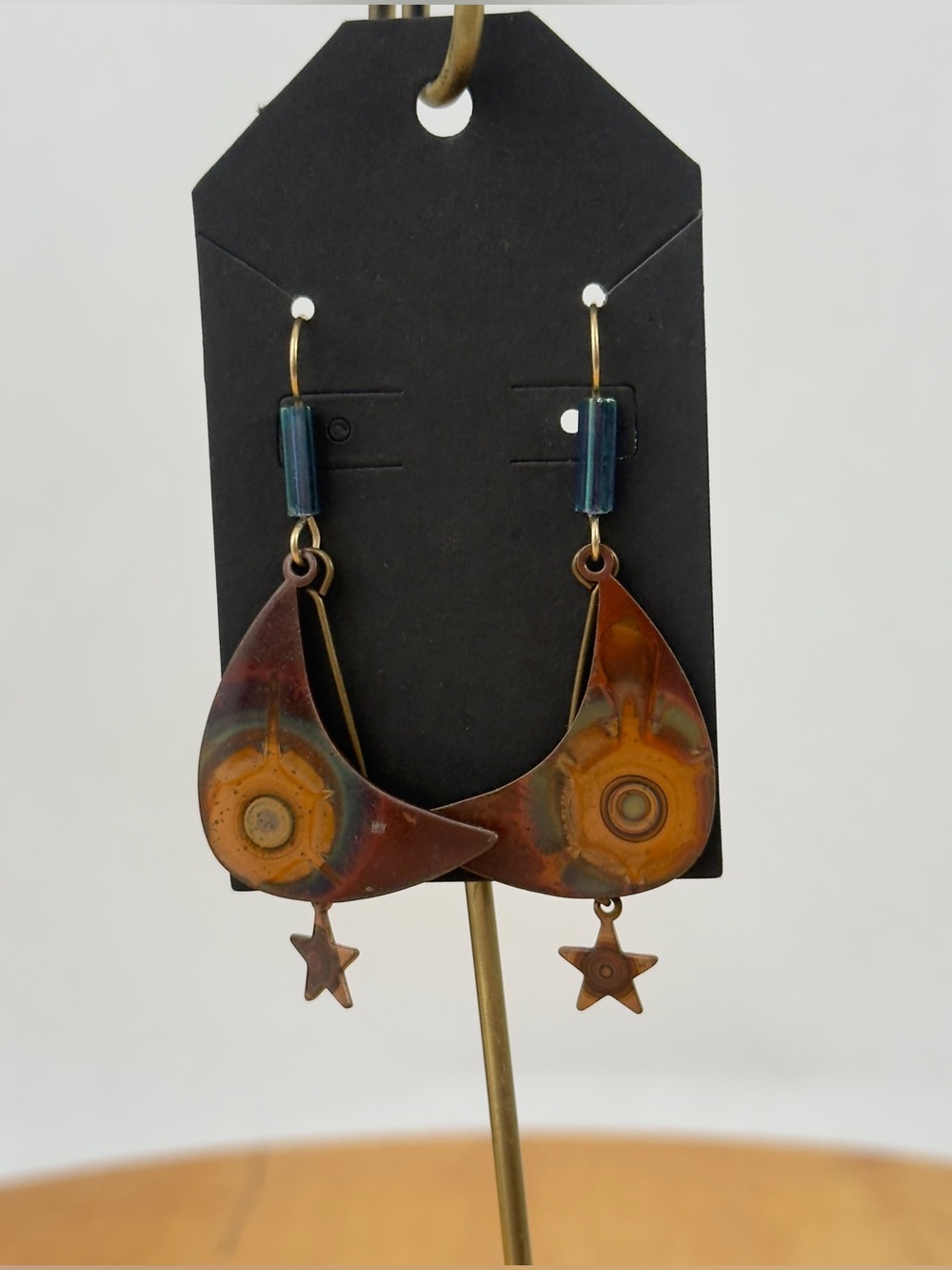 Firepainted Copper Crescent & Star Dangle Earrings, Modernist Copperwork Earring